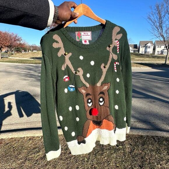 Merry Christmas Rudolph The Red Nose Reindeer Ugly Christmas Bells Sweater Large - Picture 6 of 10